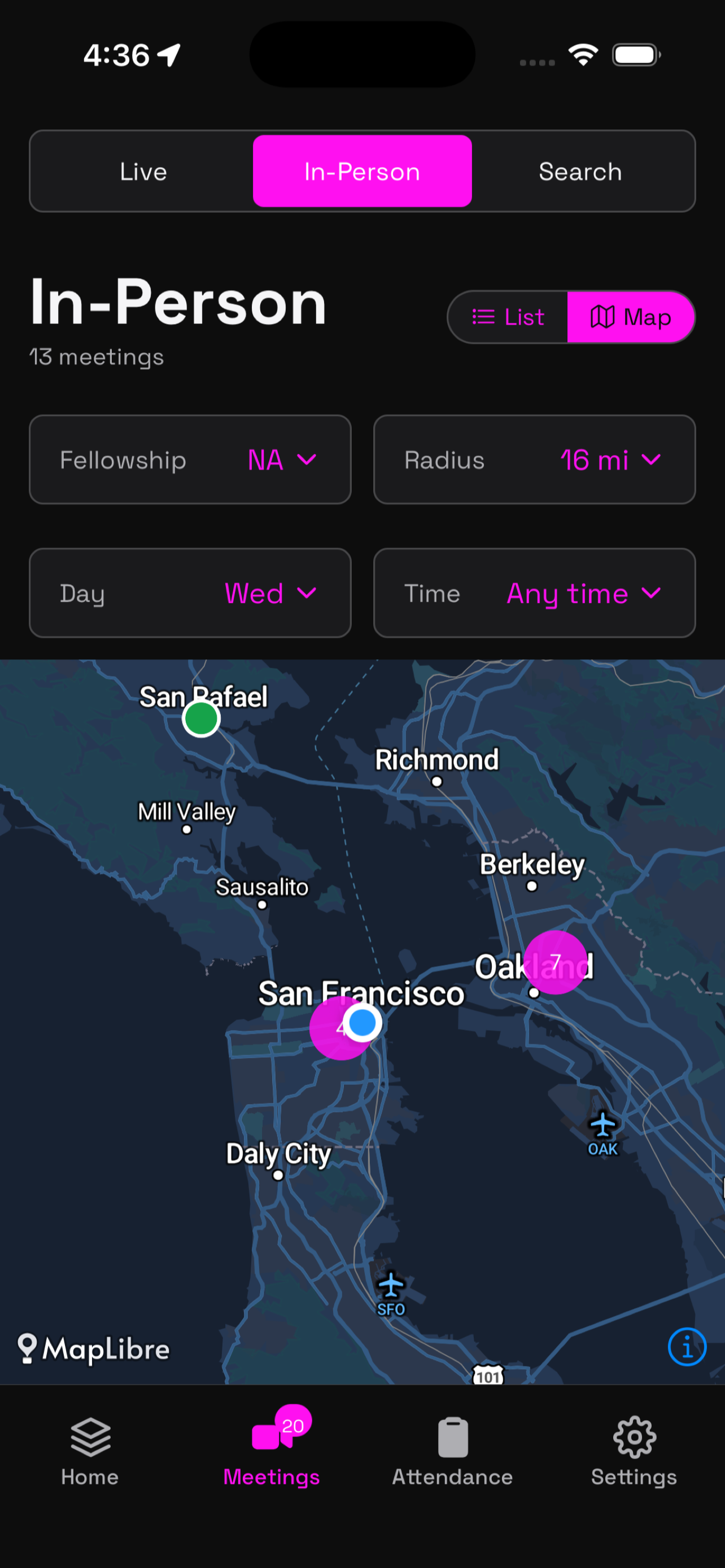 Map of nearby in-person meetings with distance filters